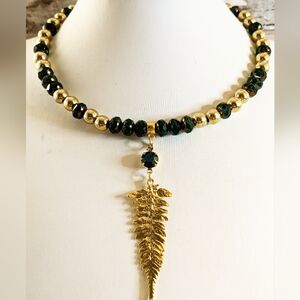 Dark Green Glass and Gold Beads in Gold Plated  Necklace With Fern Leaf  Pendant